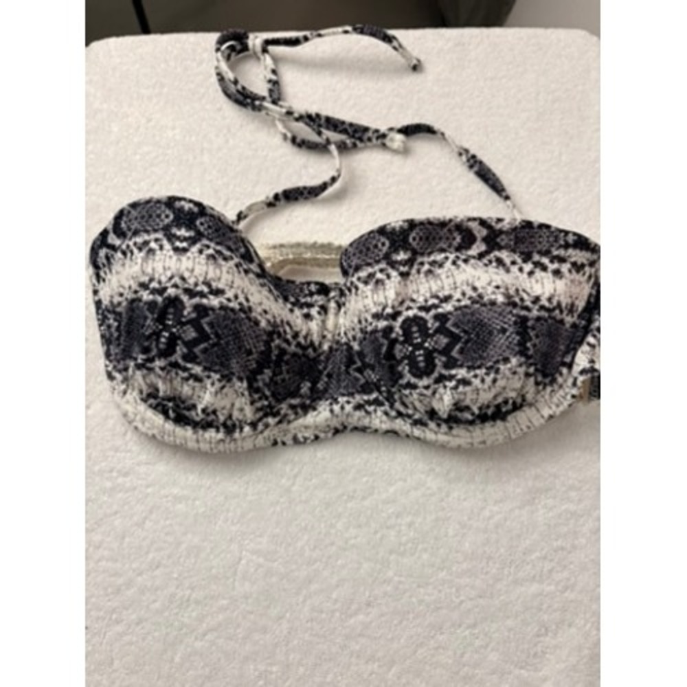 Grey White Snakeskin Underwire Halter Bikini Top with Crochet Mesh Back